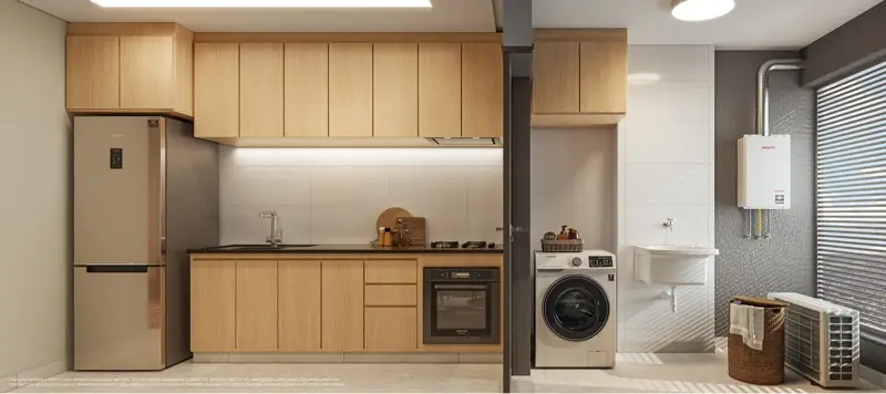 Perspectiva ilustrada do living integrado do apartamento tipo