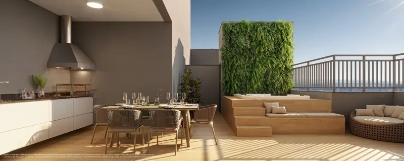 Perspectiva ilustrada da varanda gourmet da penthouse com jacuzzi