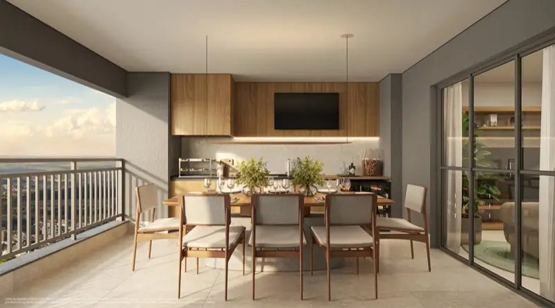 Perspectiva ilustrada da varanda gourmet do apartamento tipo