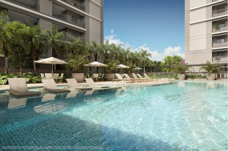Perspectiva ilustrada da piscina principal do Juquehy Residencial Panamby
