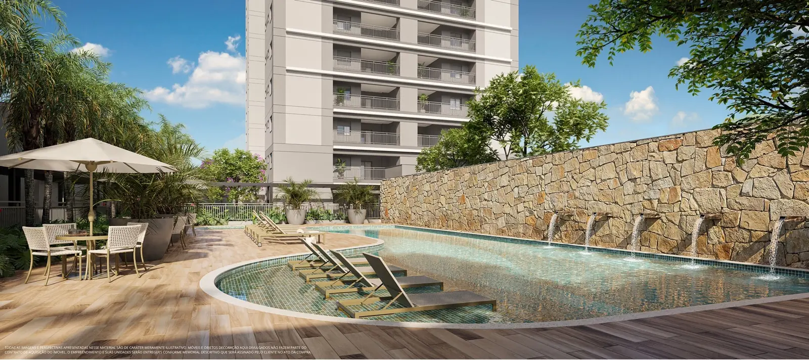 Perspectiva ilustrada da segunda piscina, com deck e parede de pedra, do Juquehy Residencial Panamby
